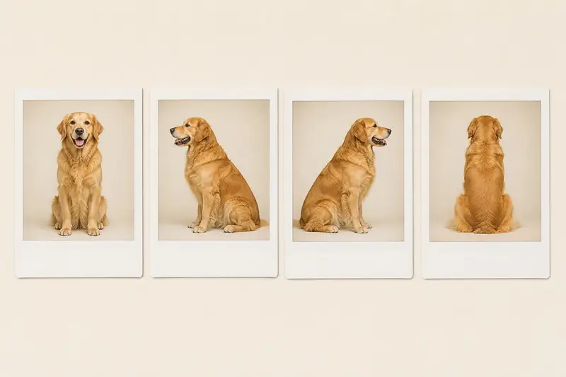 Quattro foto del pet: fronte, sinistra, destra, retro
